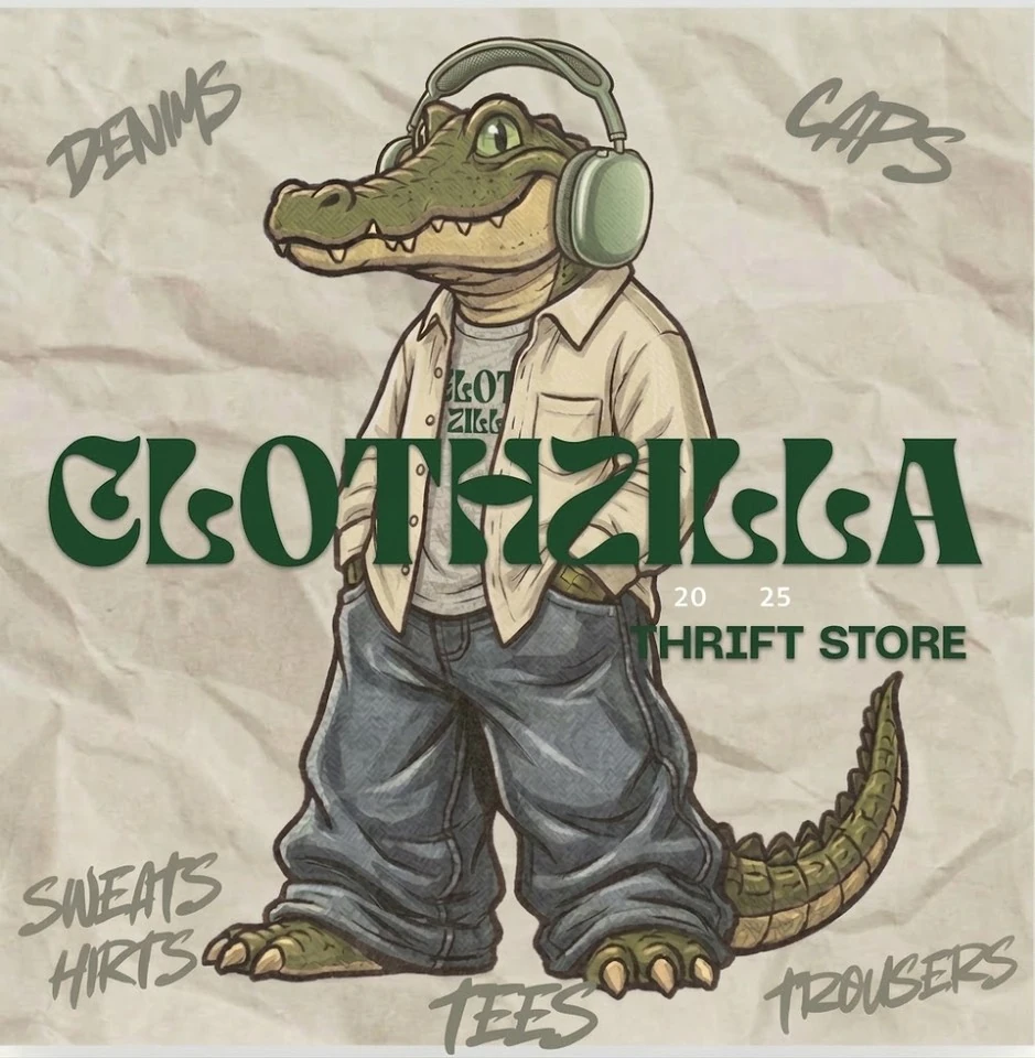 CLOTHZILLA thrift store logo: a crocodile in headphones, an open shirt and baggy jeans