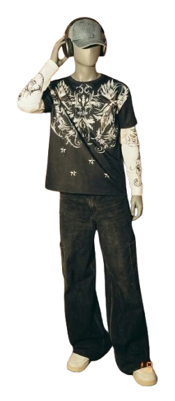 Mannequin wearing a washed cap, a black graphic tee with white layered sleeves and wide black denim