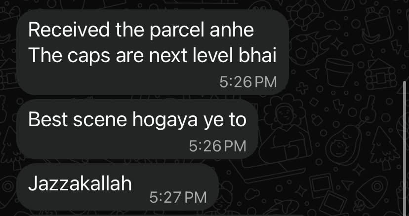 Customer message saying the parcel arrived and the caps are next level