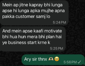 Customer message saying they will buy all their clothes from us